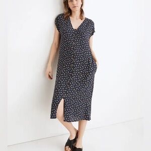 Floral V-Neck Midi Dress in Navy